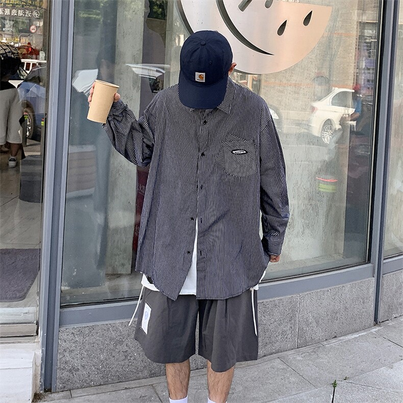 日系条纹衬衫潮男秋季港风chic宽松潮流韩版dk制服衬衣W1099-P35,男装衬衫,星座512-4