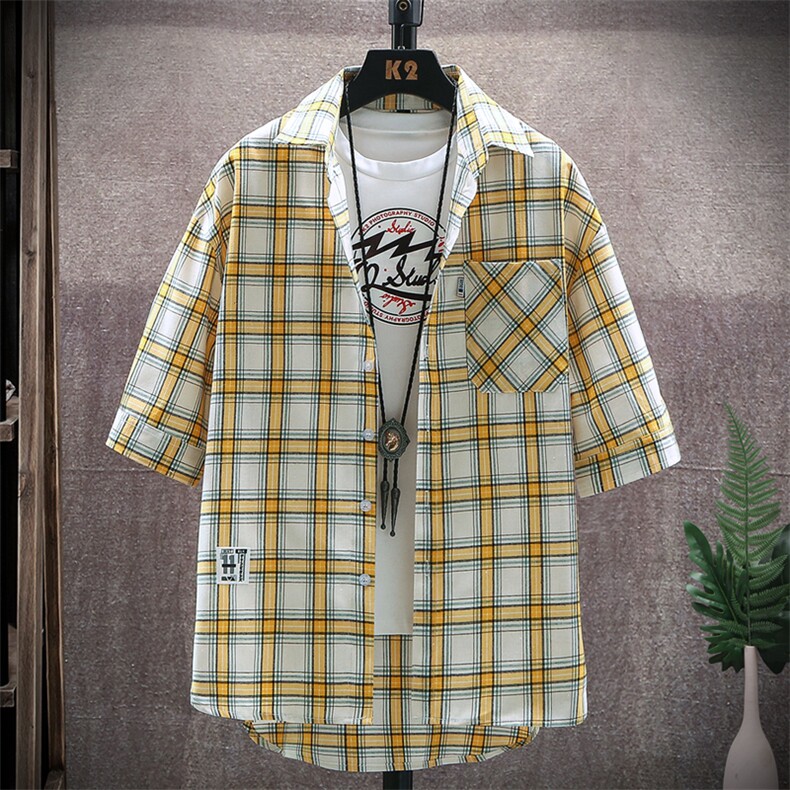 格子短袖衬衫男生夏季百搭外套韩版bf风五分袖寸衫V601,男装衬衫,星座509