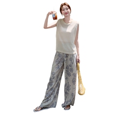 松弛感慵懒风两件套女2025夏新款休闲时尚针织背心印花阔腿裤套装，女装套装/套裙，2C166