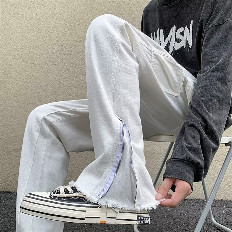 高街中腰毛边牛仔裤男士设计感拉链开叉宽松直筒休闲拖地裤~NK381图片