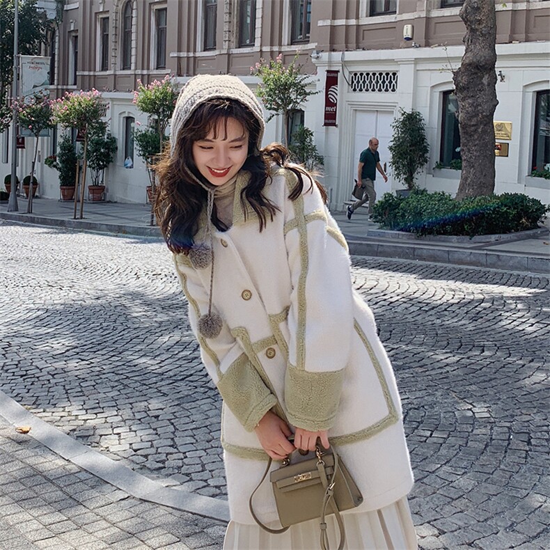 拼色个性显瘦百搭洋气个性休闲时尚潮流甜美可爱羊羔毛/颗粒绒，女装羊羔毛/颗粒绒，艾艾淮淮