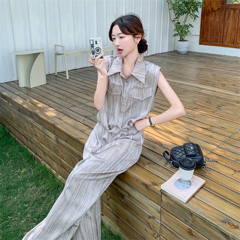 小众设计感纹理薄款衬衫套装女2025夏季新款休闲显瘦阔腿裤两件套,女装套装/套裙,2C095