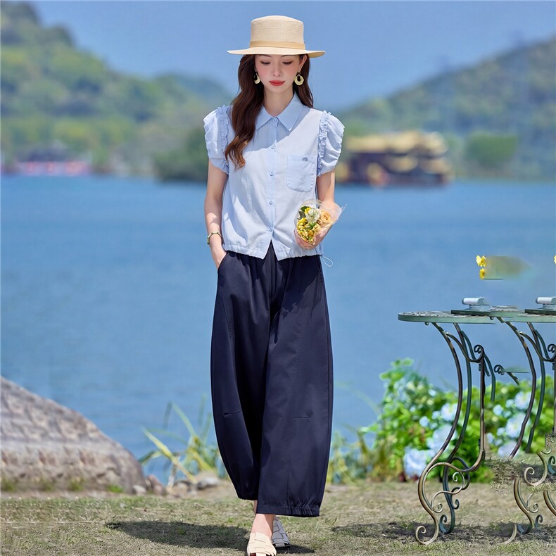 2026年夏季新款木耳边甜美衬衫阔腿裤两件套套装女,女装套装/套裙,依路服饰