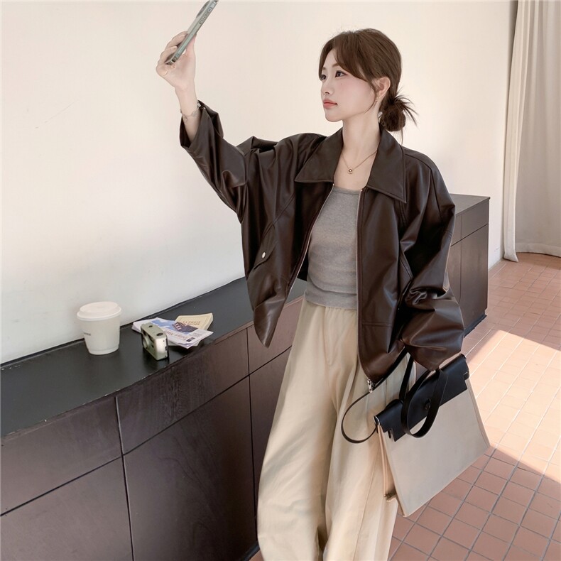 2025秋装新款时髦蛋白皮咖色皮衣外套女2C325-528P155K228,女装皮衣,2C325
