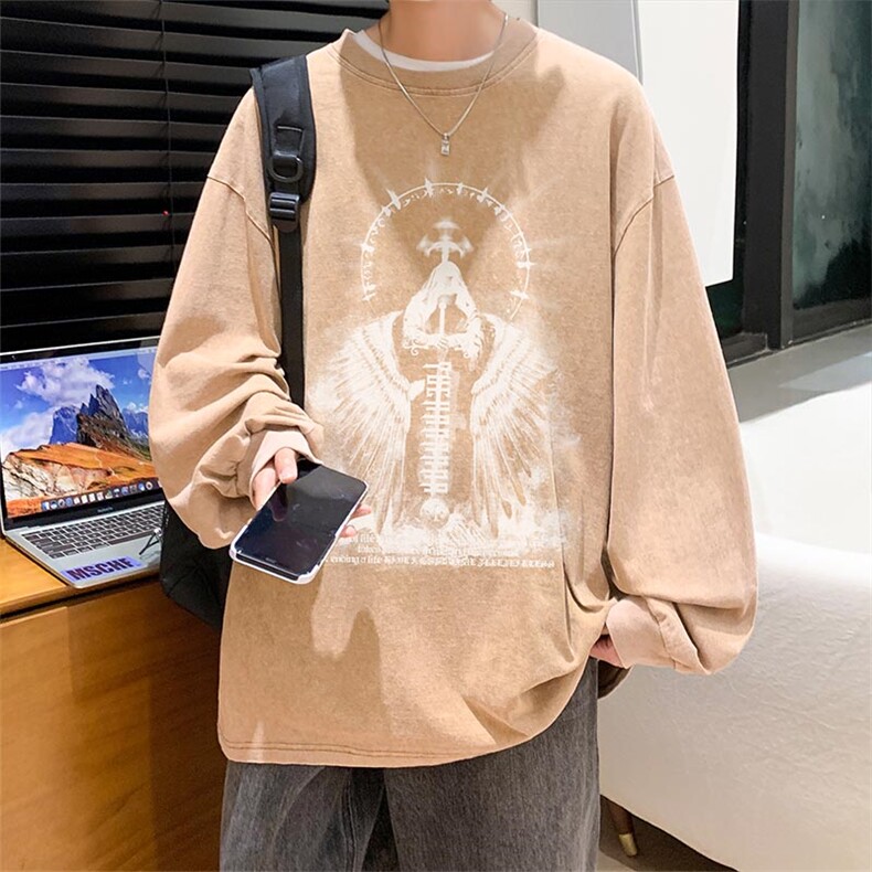 抖音供货、秋季现货水洗棉宽松重磅长袖T恤D223A-ST2385-特P38,男装T恤,电商019-1