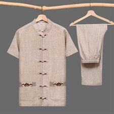 M-7XL中国风中老年唐装男短袖棉麻套装加肥大码爸爸装T002款，男装民族服装，星座802