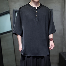 夏季新款醋酸缎面立领短袖风新中式垂感五分袖大码T恤T815P55，男装T恤，电商A021A