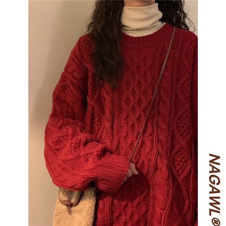 1506-1/M1491鹿毛绒/P52宽松复古麻花本命过新年圣诞酒红色毛衣女图片