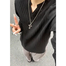 美式高街千鸟格子长袖T恤男女亨利V领英伦雅痞休闲宽松长袖打底衫，男装T恤，电商A486