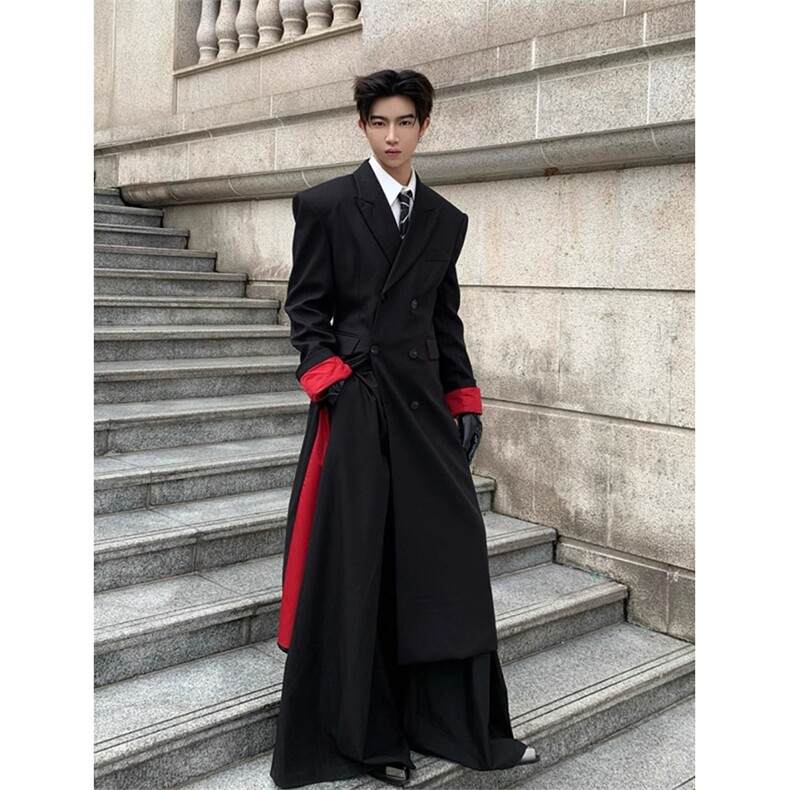 现货~红内撞色长款垫肩收腰大衣Y960-西装风衣P118毛呢大衣P125，男装西服套装，星座1004-3