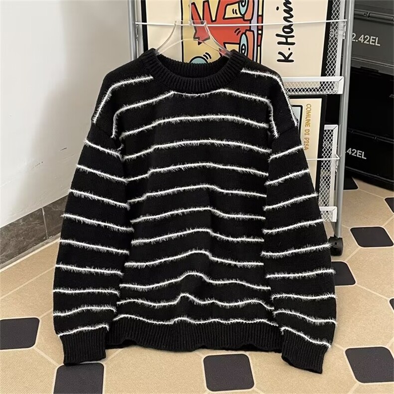 条纹简约通勤针织衫男圆领宽松百搭毛衣长袖上衣男5690P42，男装针织衫/毛衣，星座410-2