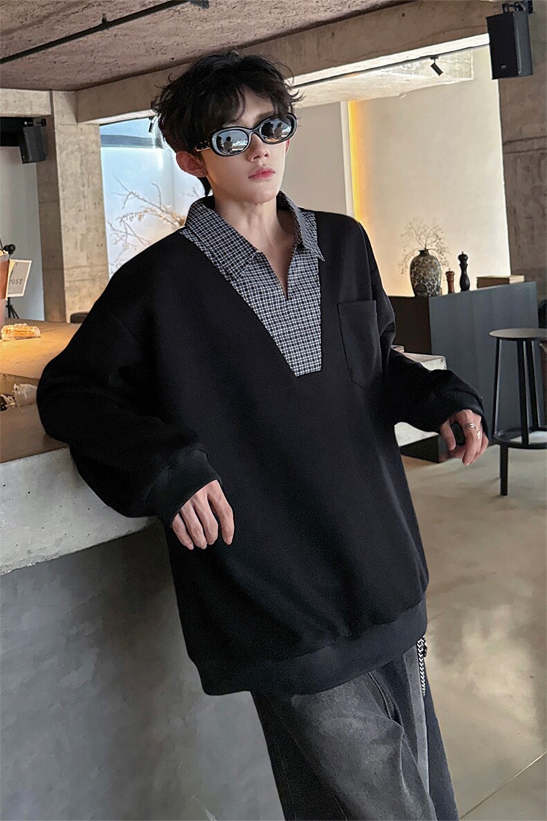 WY10153-特P48控88小众撞色面料拼接格子假两件大码男宽松卫衣,男装卫衣,电商A059