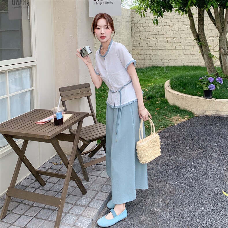 韩系淑女风穿搭白色衬衫配蓝色阔腿裤女夏2025年休闲气质减龄套装,女装套装/套裙,2C129