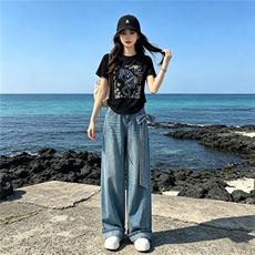 甜美时尚休闲套装女夏季新款圆领印花烫钻上衣设计牛仔长裤两件套，女装套装/套裙，江南