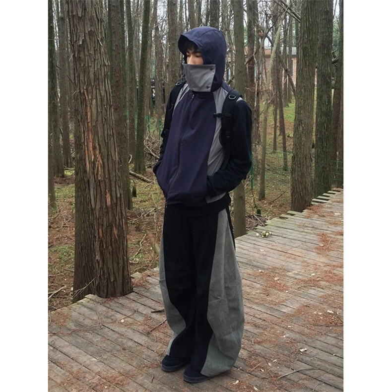 斜纹设计款拼接弯刀休闲裤美式复古欧美裤子男cleanfit阔腿拖地裤,男装休闲裤,星座506A