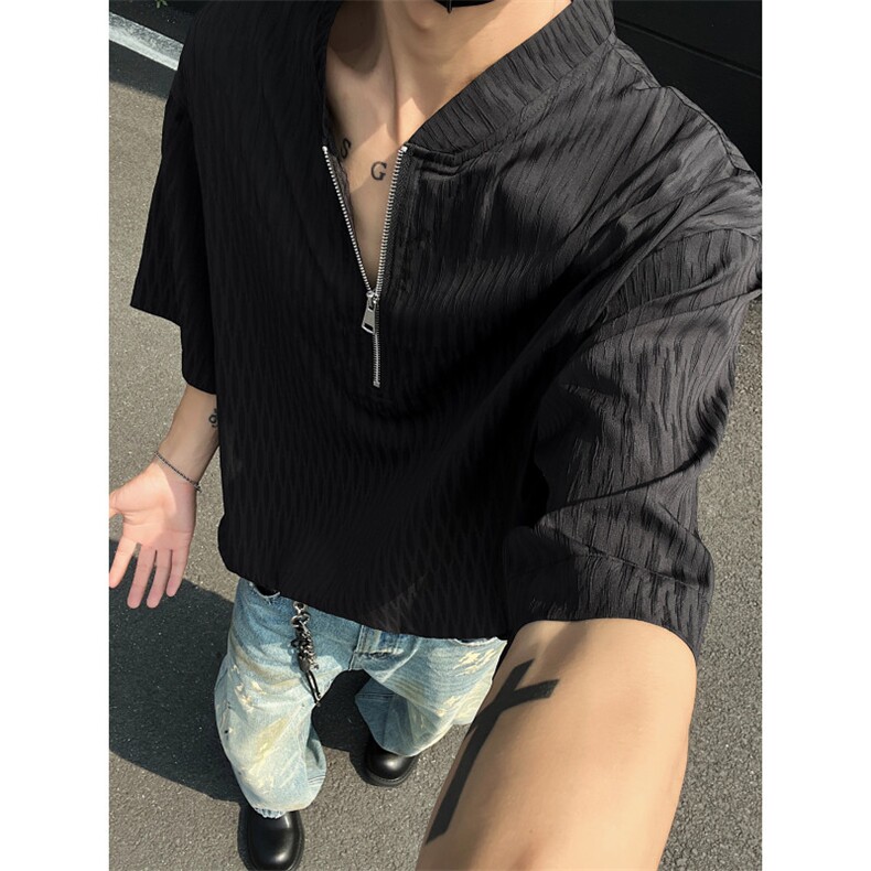 现货夏新潮流短袖半拉链亨利领宽松大码T恤男黑色513DT3533P30,男装T恤,星座513