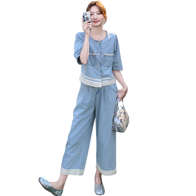 蓝色蕾丝拼接牛仔套装裙女夏季2025新款气质休闲上衣阔腿裤两件套,女装套装/套裙,2C159