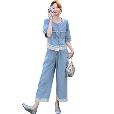 蓝色蕾丝拼接牛仔套装裙女夏季2025新款气质休闲上衣阔腿裤两件套，女装套装/套裙，2C159