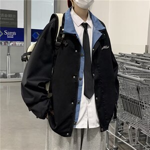 青春流行长袖夹克帅气潮方领假两件外套QJ05P55图片