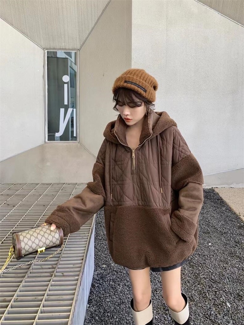 现货羊羔毛拼接卫衣，女装卫衣/绒衫，爱美欧