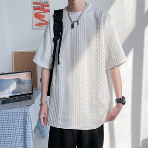 2024夏季新款巴洛克华夫格贴标休闲宽松男短袖 A161-TH01-P35图片