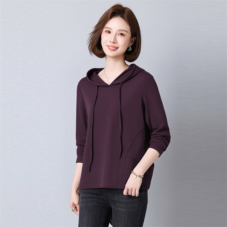 2025年秋季宽松型针织常规长袖纯色套头卫衣长袖T恤，女装T恤，秋牧寒烟