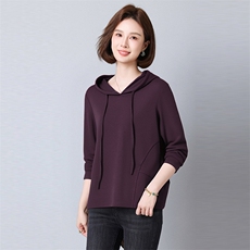 2025年秋季宽松型针织常规长袖纯色套头卫衣长袖T恤，女装T恤，秋牧寒烟