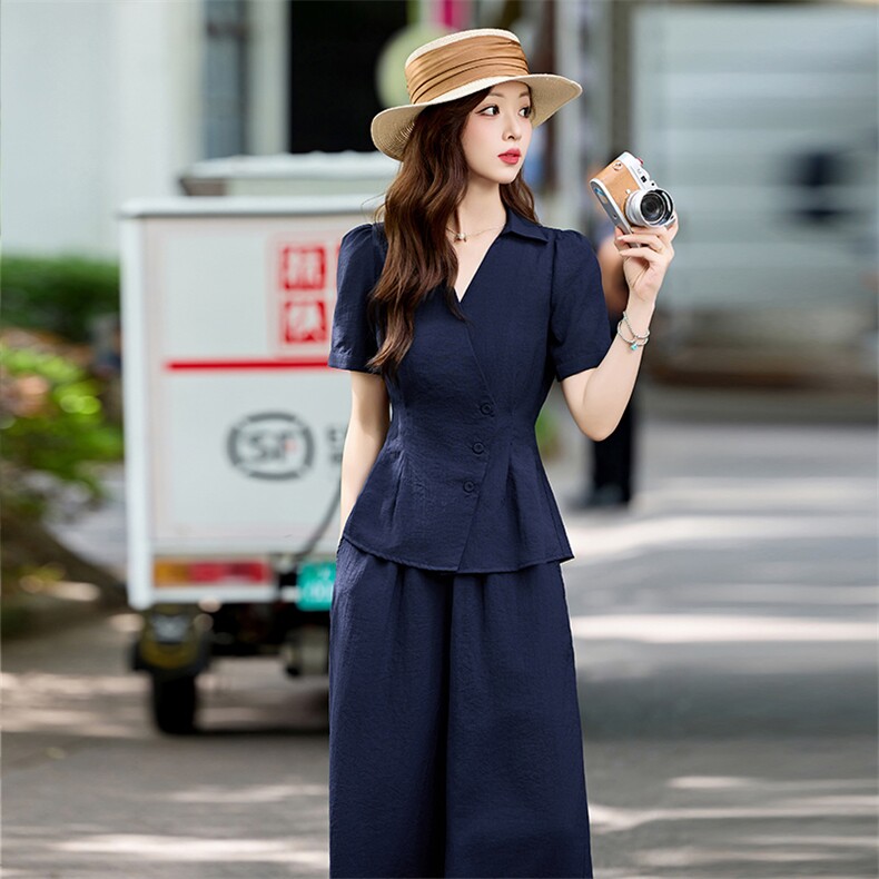 高级感时尚套装女2025夏季新款气质收腰显瘦短袖衬衫阔腿裤两件套,女装套装/套裙,姿衣坊