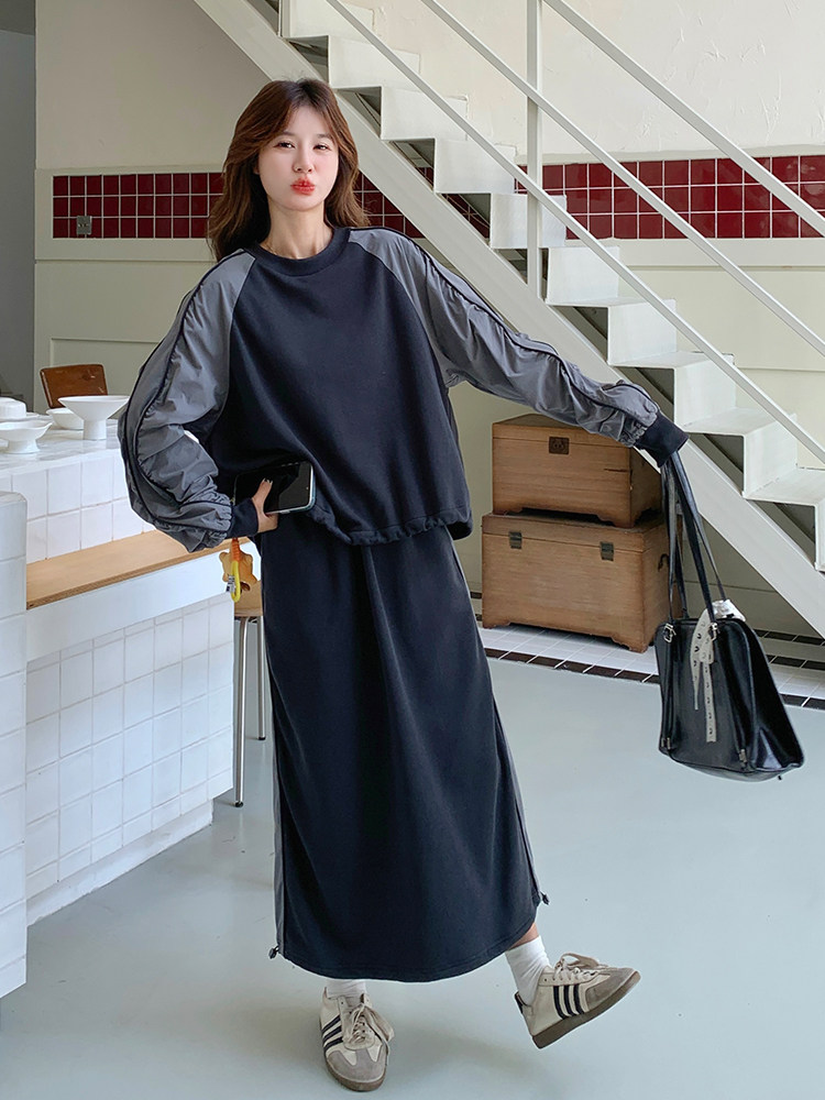 松弛感撞色休闲卫衣半身裙两件套女2025秋季新款韩系温柔甜美套装,女装套装/套裙,2D034