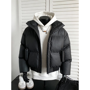 现货5W件冬季三防重磅硬挺boxy短款羽绒立领PU皮棉衣外套加厚棉服图片
