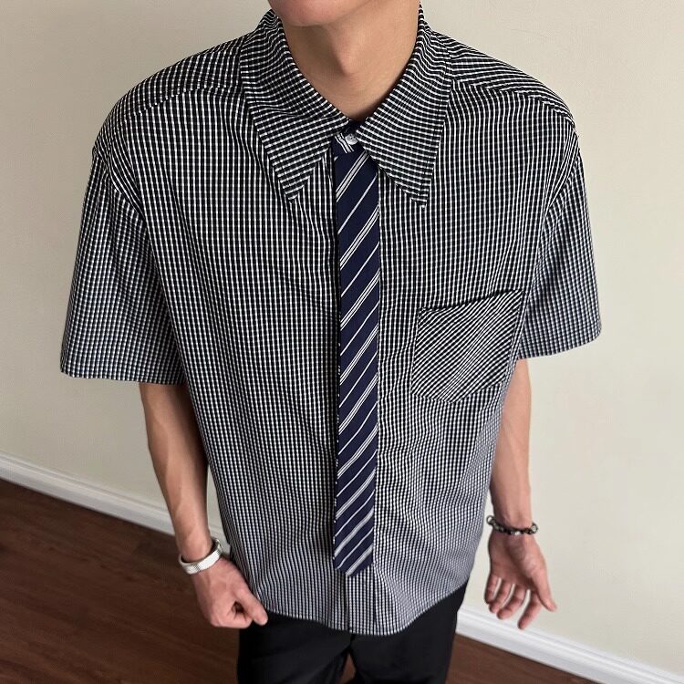 黄金搭配领带老钱风短袖衬衫男女夏季休闲宽松千鸟格衬衣CS2270图片