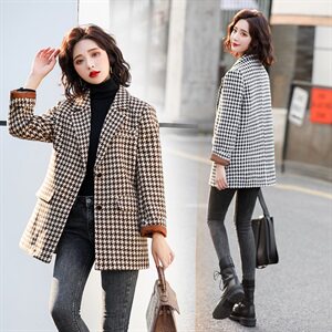 千鸟格毛呢外套女中长款欧洲站2021秋冬新款欧货加厚气质呢子大衣,女装毛呢外套,辉之琳