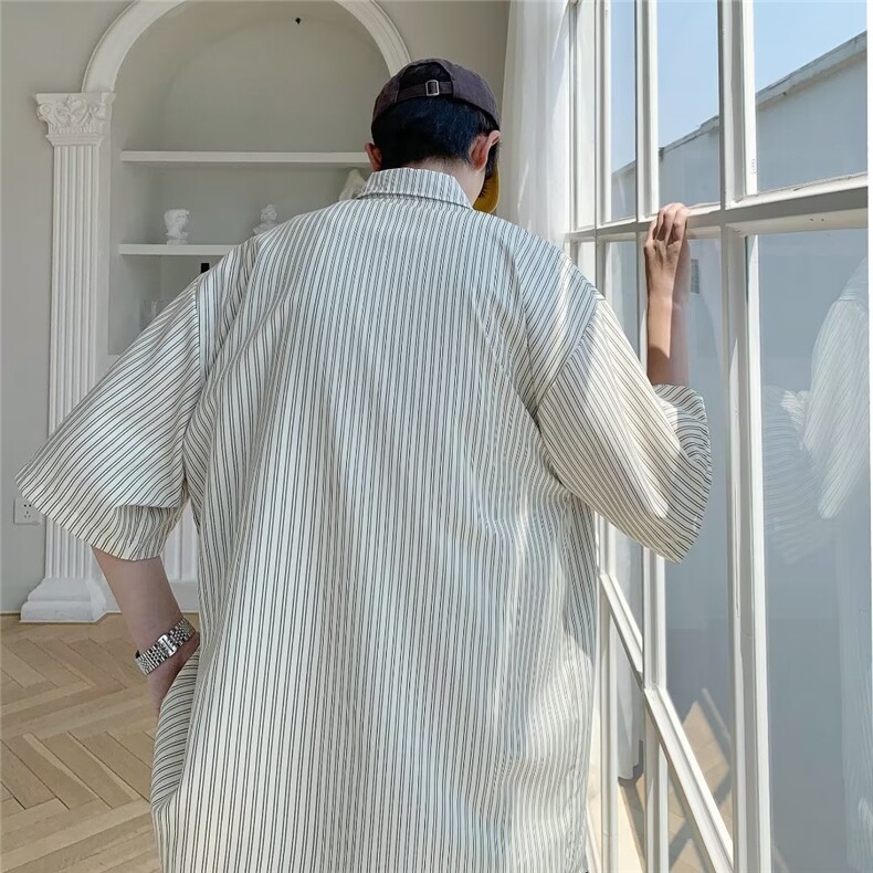 条纹短袖衬衫男夏季潮牌高级感痞帅衬衣外套宽松大码五分袖上衣服,男装衬衫,星座1013