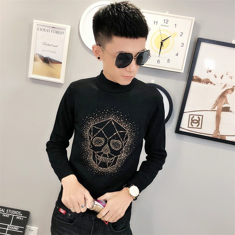 1骷髅烫钻针织衫毛衣冬季社会小伙男半高领打底衫C301B-MY18图片