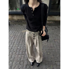 IWTFF条纹排扣西裤TR混纺垂感休闲裤春秋cleanfit直筒阔腿A字长裤，男装西裤，星座813-2