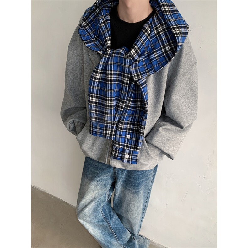 现货！高版本25春设计感格子连帽松弛感拉链卫衣WY44-P95,男装卫衣,电商B288