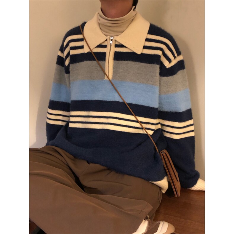 W11017-P68网图现货美式复古仿貂毛半拉链翻领条纹毛衣保暖外套,男装针织衫/毛衣,星座1608