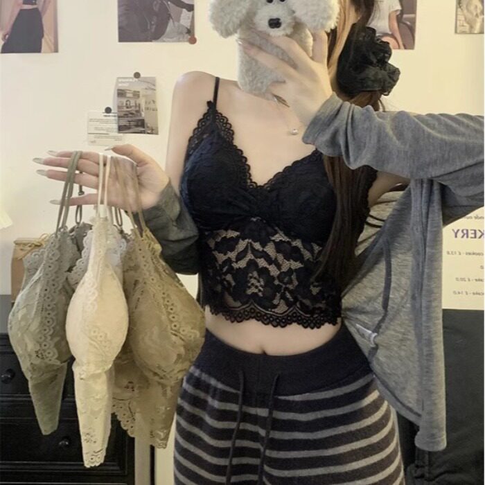 纯欲性感蕾丝背心女内搭辣妹修身短款带胸垫文胸一体美背吊带上衣，女装背心吊带，梦白服饰厂
