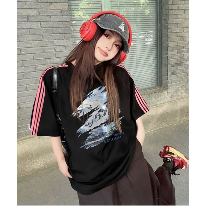 抖音得物品质二开240克宽松纯棉美式潮牌印花三条杠中性风短袖T恤,男装T恤,电商A486