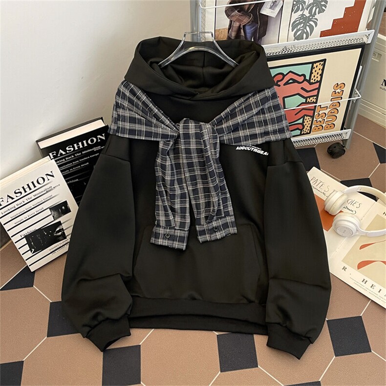 复古潮牌格子披肩设计感连帽卫衣男春季宽松情侣上衣W0149-P60,男装卫衣,星座308B-1