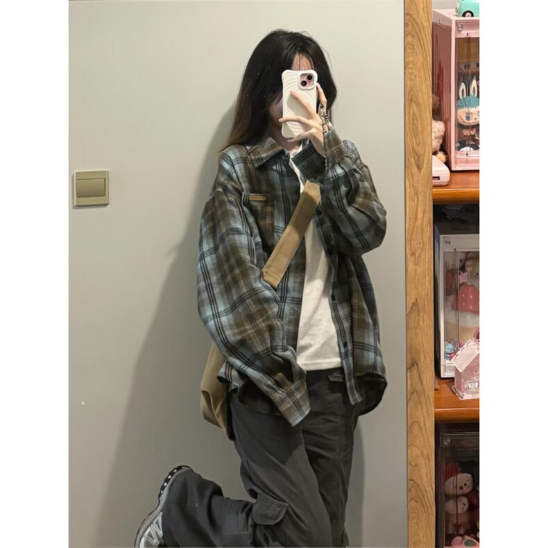 TC645-p45慵懒风Polo领格子衬衫女早秋美式复古宽松防晒外套,女装衬衫,星座617A-2