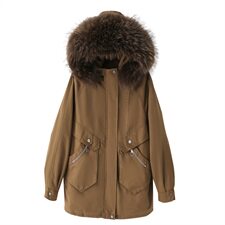 棉衣/棉服2021新款冬兔毛中长款工装带帽棉服女外套配毛领，女装派克服，瑶迪依秀