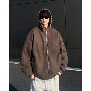 E53 P88复古潮牌撞色连帽棉衣男女冬季加厚高级感假两件呢图片