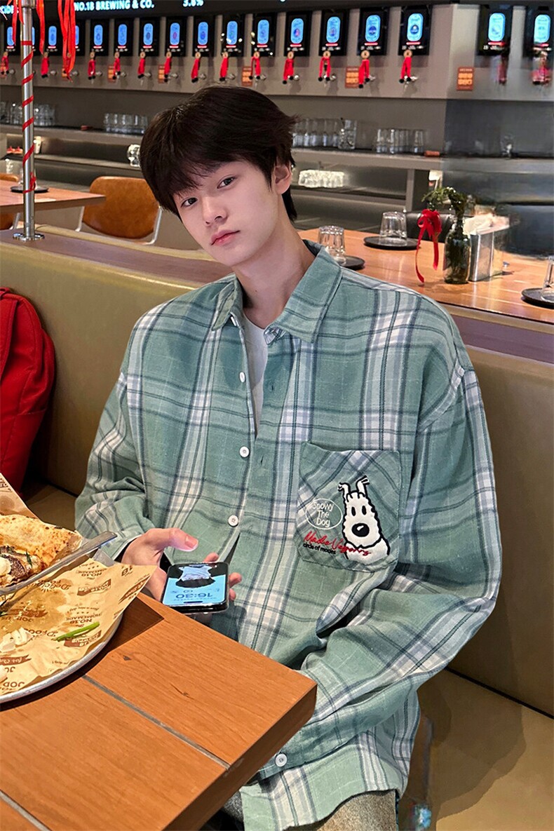 8XL-M小狗格子衬衫男长袖2025春情侣款寸衣宽松衬衣CS519P58控78,男装衬衫,电商D206-1
