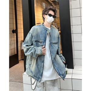 美式高街牛仔外套男春秋潮牌宽松拉链夹克痞帅机车服W6389-P70图片