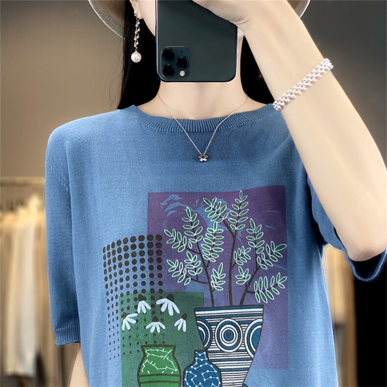 夏季新款100%纯棉针织短袖女圆领拼色印花T恤宽松大码半袖上衣,针织衫/毛衣,斯美雅电商供货
