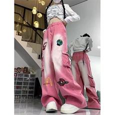复古卡通刺绣粉色工装牛仔裤女高街设计感宽松直筒阔腿裤ND9012，男装牛仔裤，星座1116A（原606A-3）
