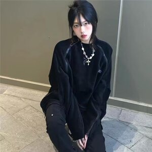 美式潮牌复古刺绣灯芯绒卫衣男女宽松圆领拉链设计感春秋上衣外套图片