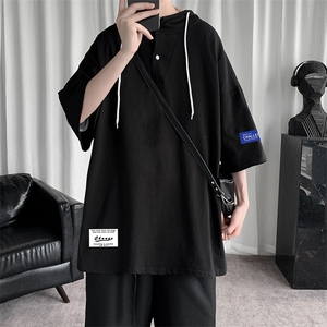 LD54062-P45 连帽短袖t恤男大码胖子带帽五分袖中袖图片