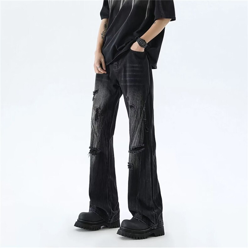 美式复古小众破洞牛仔裤ins潮高街设计感百搭直筒裤KZ44556--TP40，男装牛仔裤，电商A247C